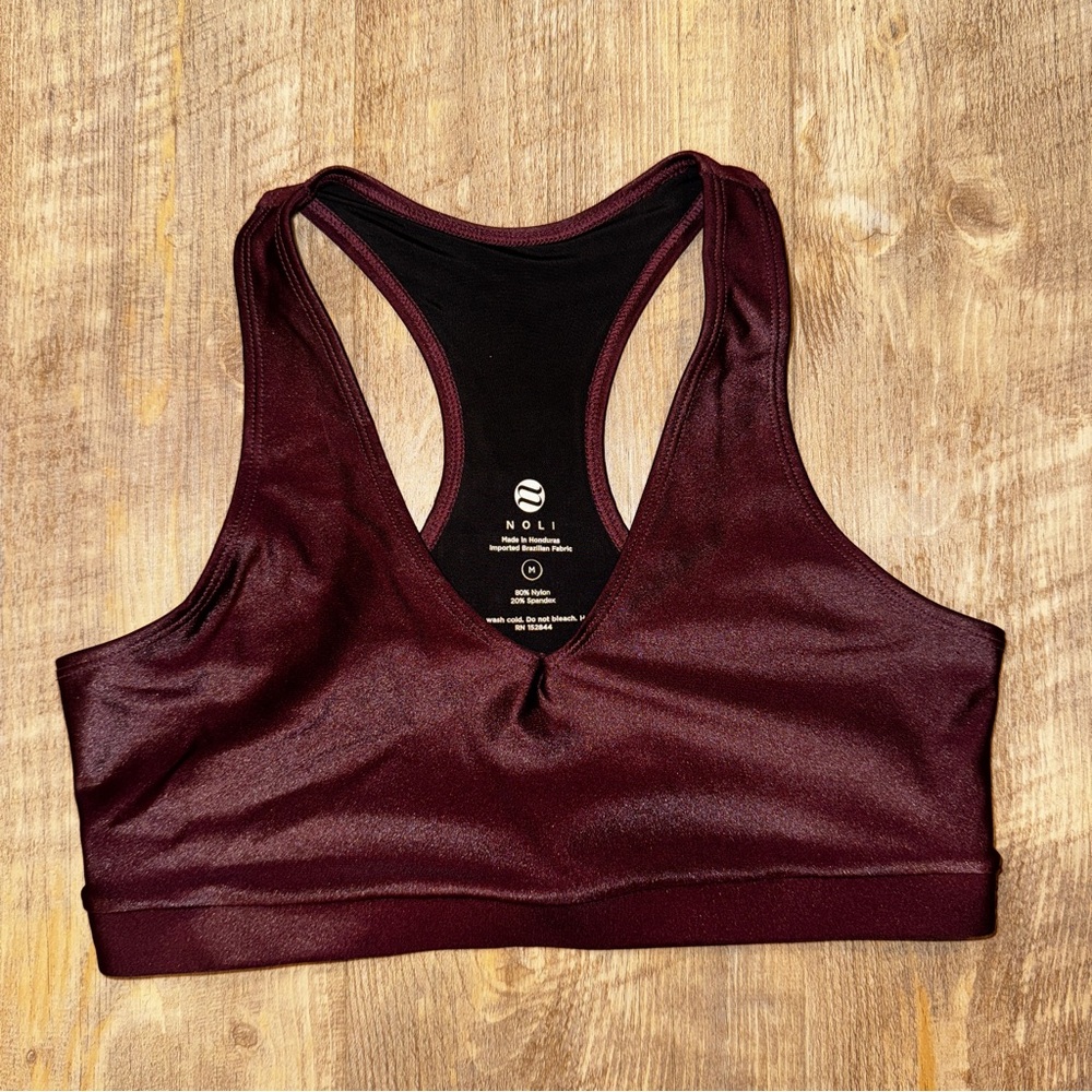 Noli Yoga Burgundy Liquid Metal Metallic Sports Bra Racerback Performance